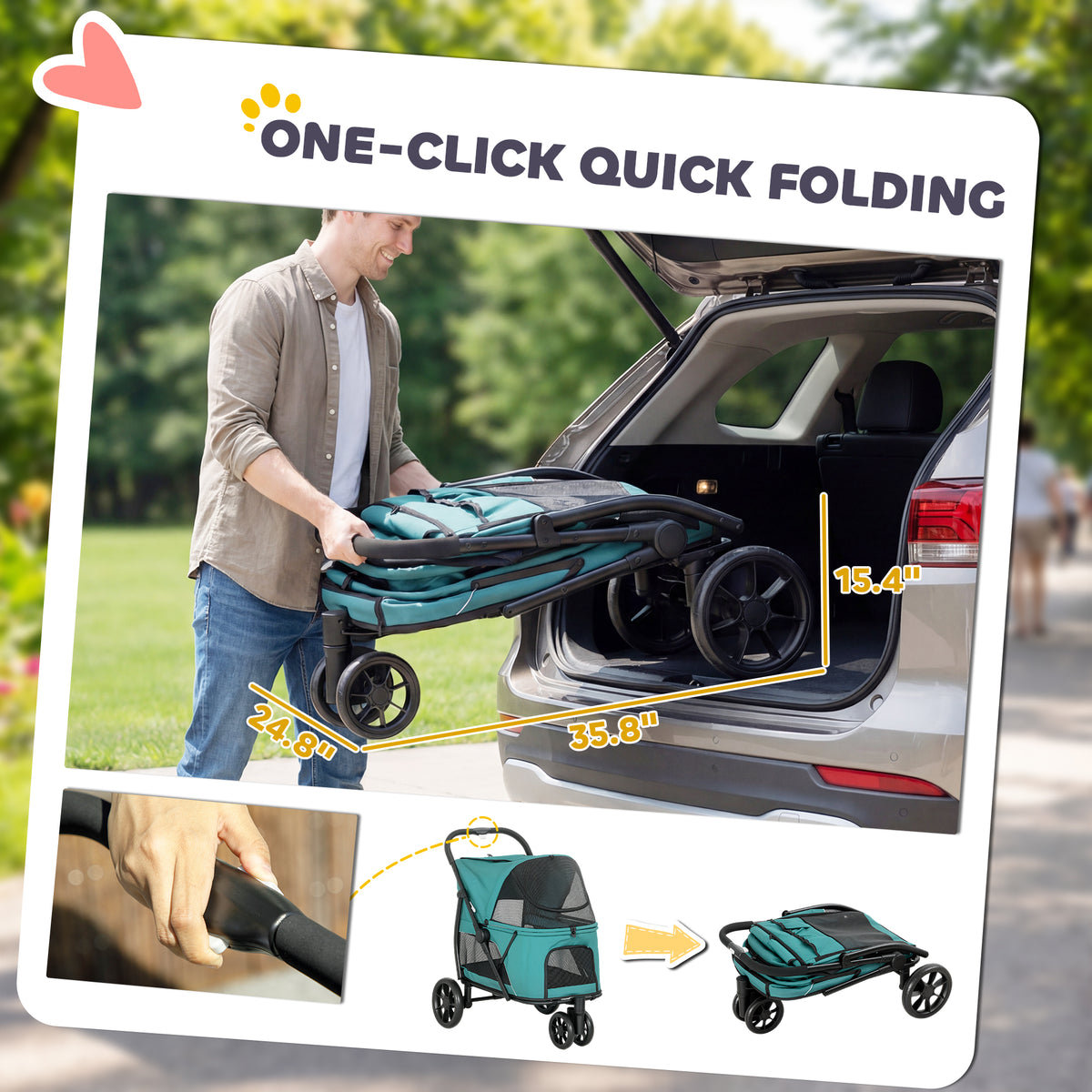 Dog Stroller, 3 Wheels Pet Stroller with Easy One-Click Quick Fold