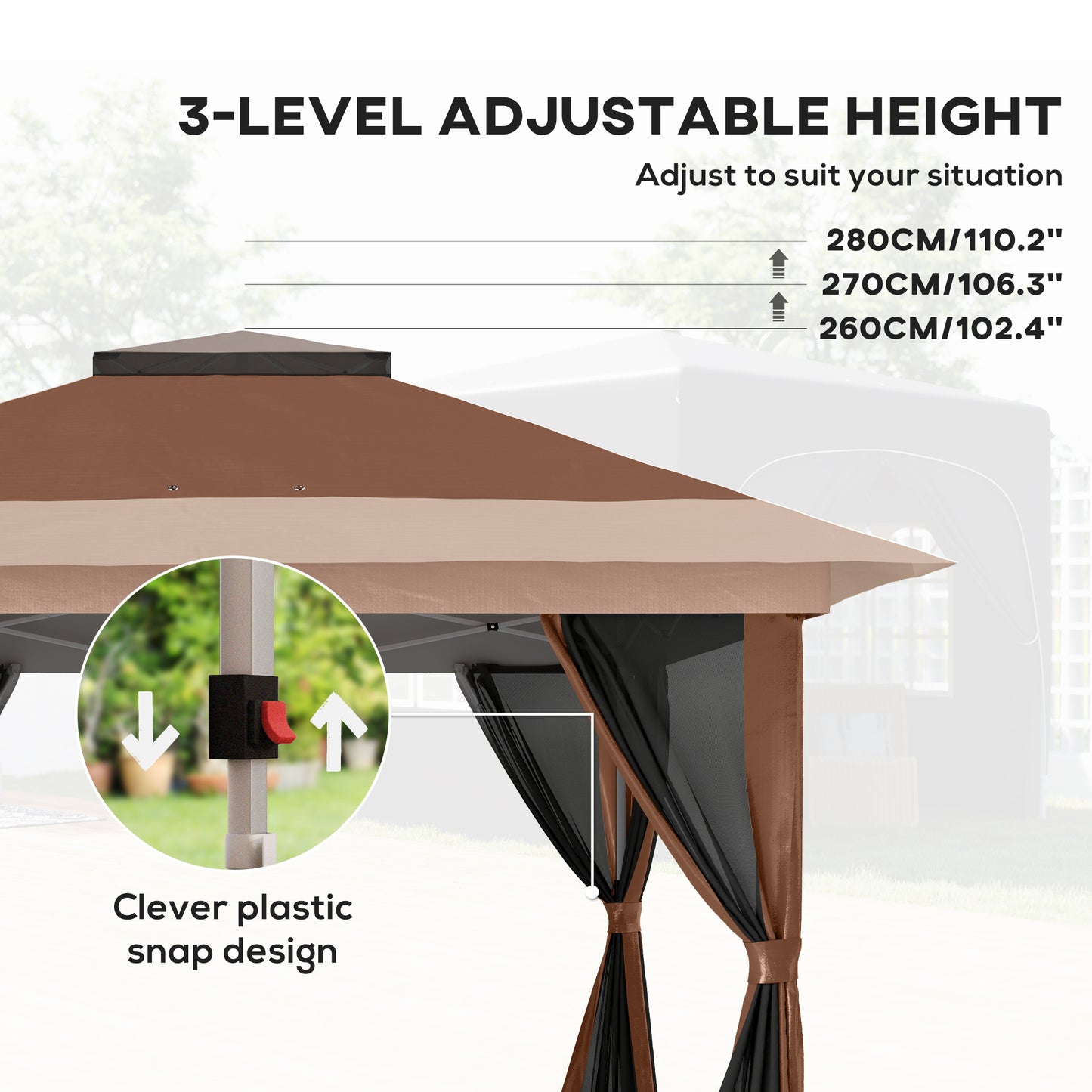 3.6 x 3.6m Pop Up Gazebo with Netting and Wheeled Bag, Brown