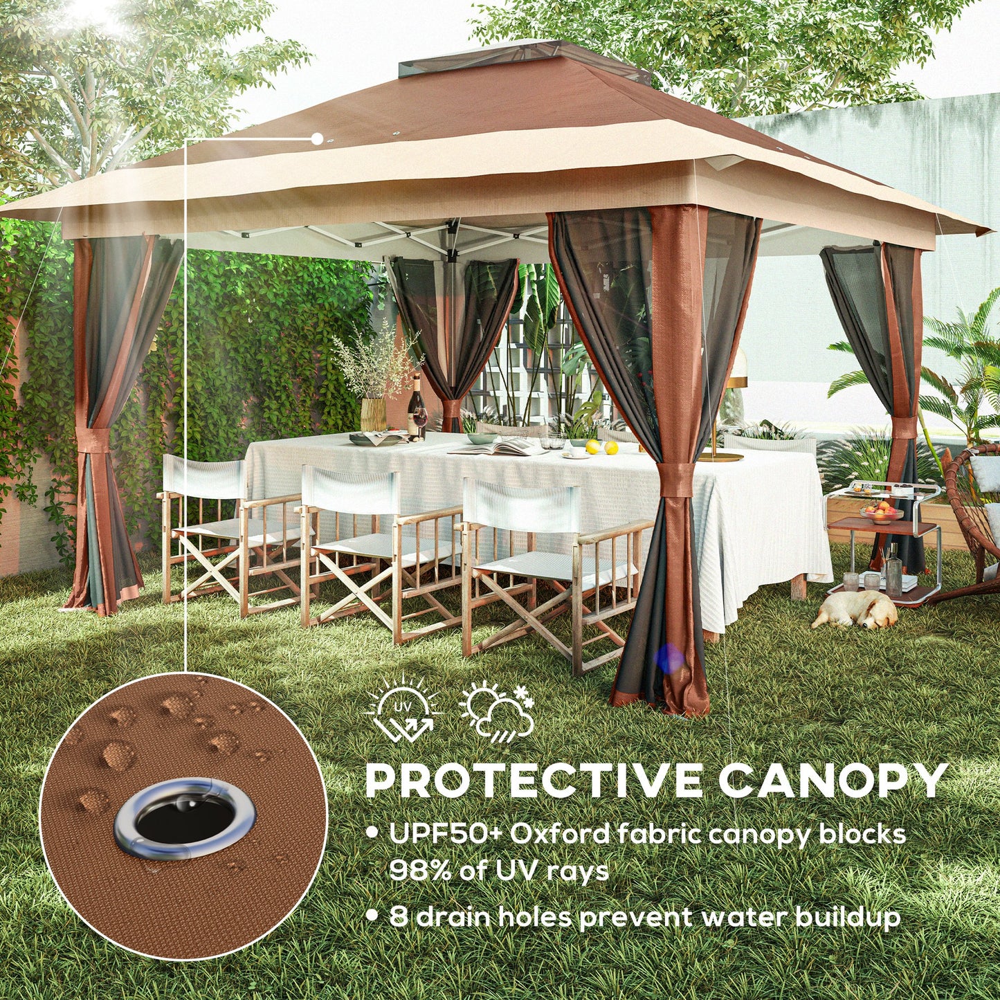 3.6 x 3.6m Pop Up Gazebo with Netting and Wheeled Bag, Brown