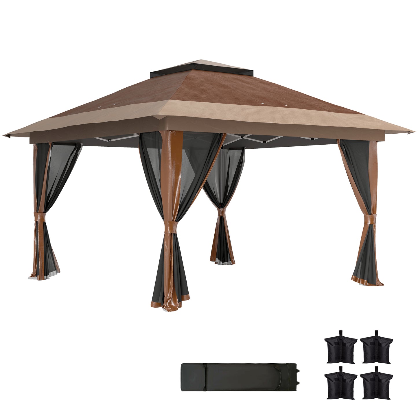 3.6 x 3.6m Pop Up Gazebo with Netting and Wheeled Bag, Brown