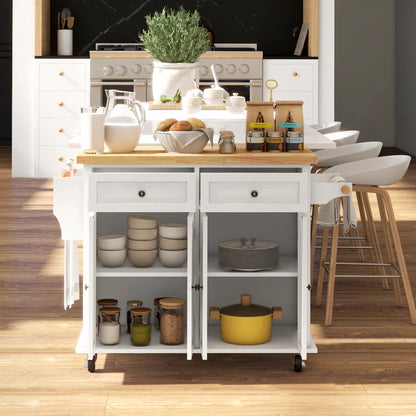 Rolling Kitchen Island Cart with Rubber Wood Top, Spices Cream White