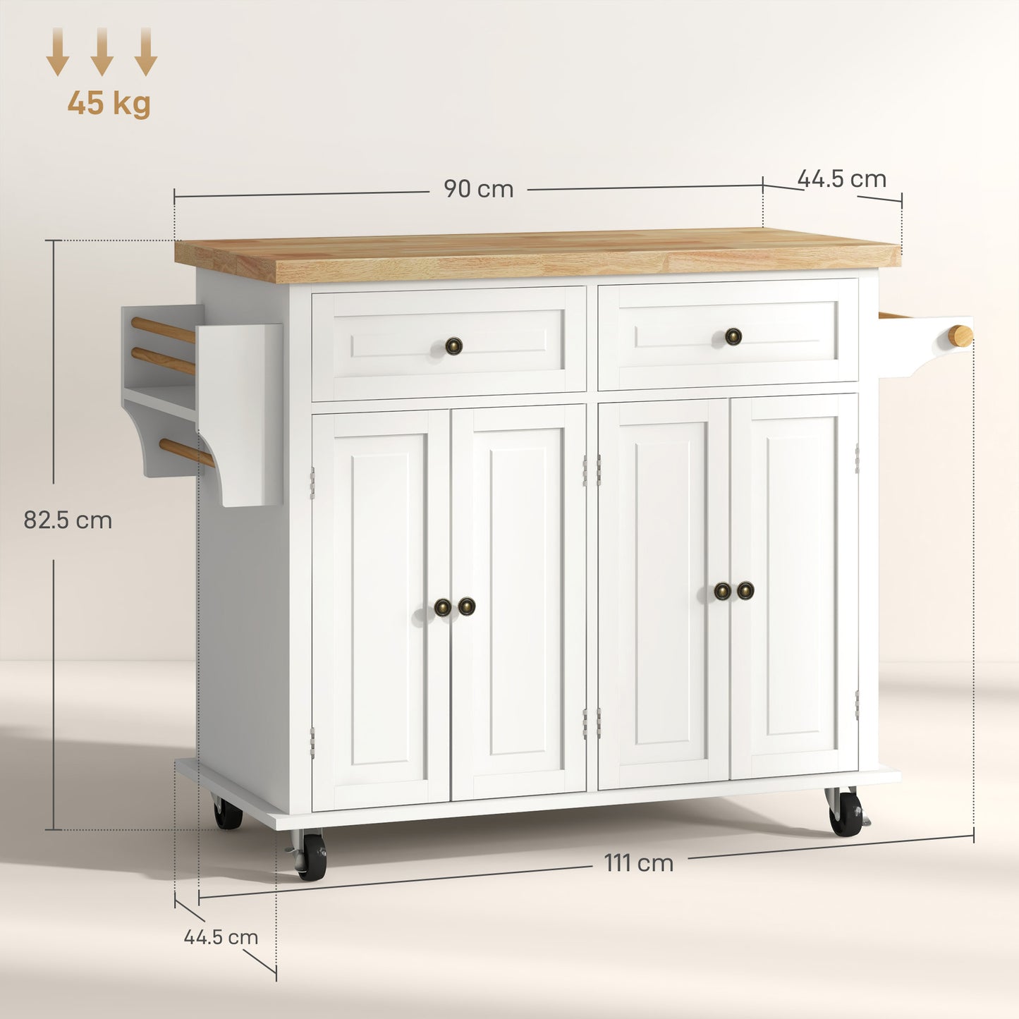 Rolling Kitchen Island Cart with Rubber Wood Top, Spices Cream White