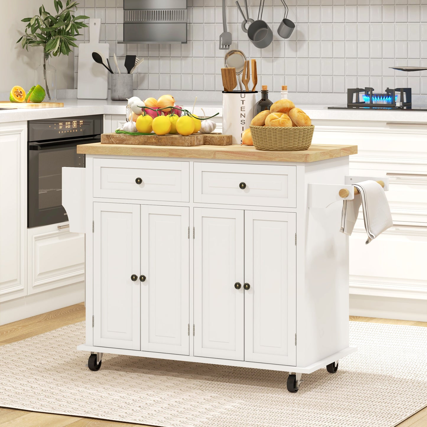 Rolling Kitchen Island Cart with Rubber Wood Top, Spices Cream White