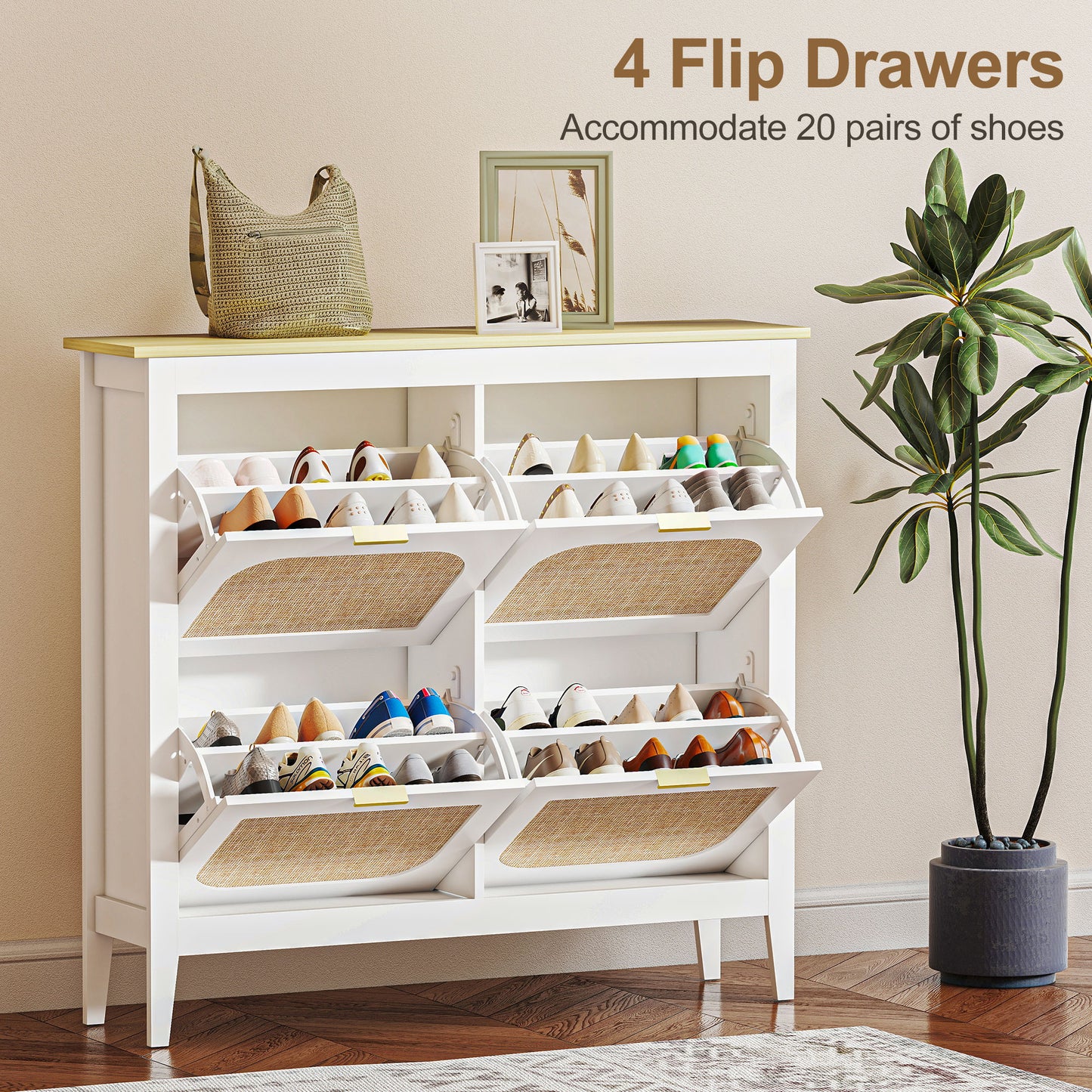 Boho Slim Shoe Cabinet with Rattan Doors, Holds 20 Pairs, White