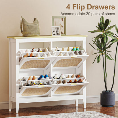 Boho Slim Shoe Cabinet with Rattan Doors, Holds 20 Pairs, White
