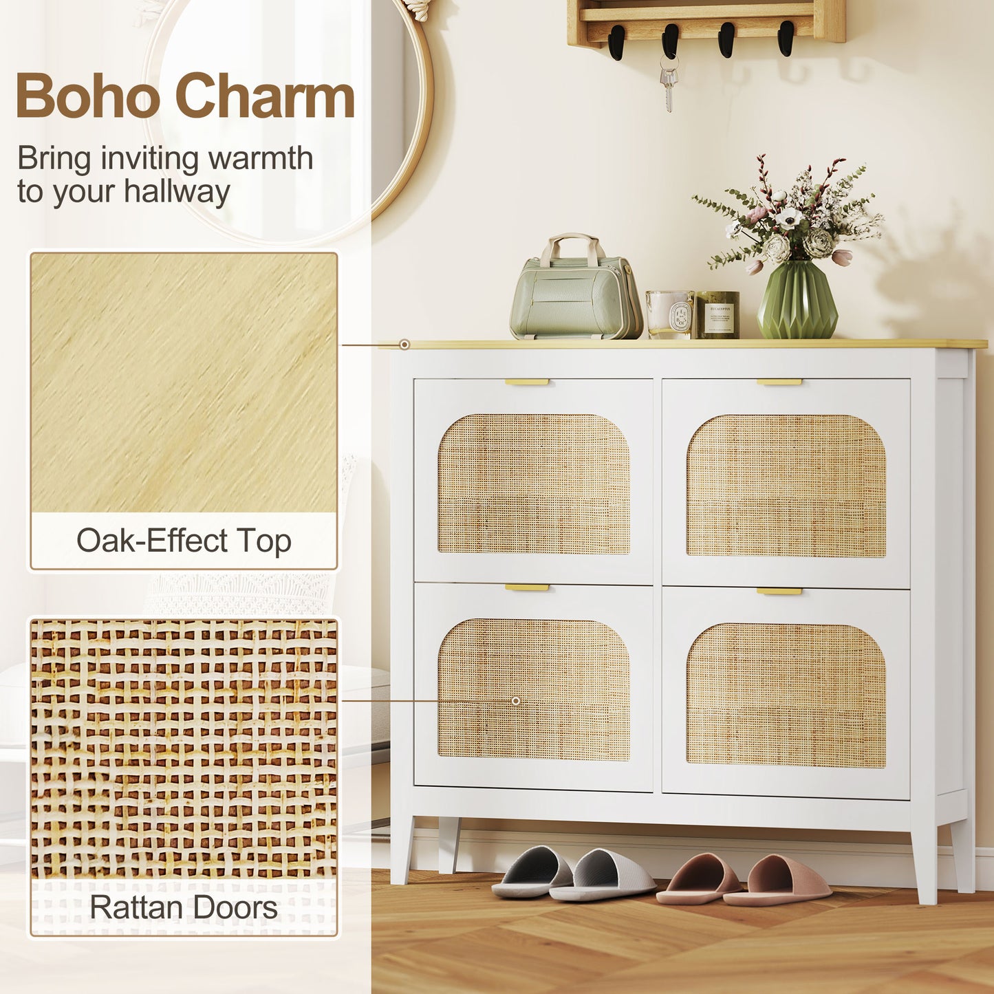 Boho Slim Shoe Cabinet with Rattan Doors, Holds 20 Pairs, White