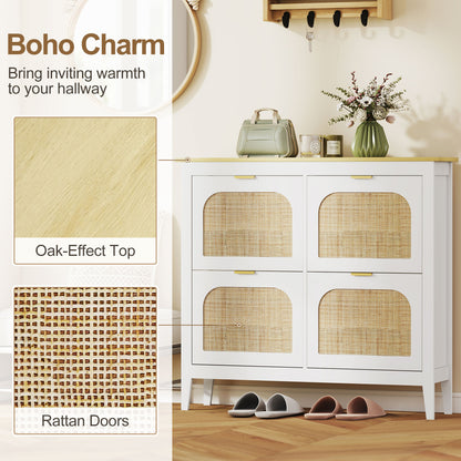 Boho Slim Shoe Cabinet with Rattan Doors, Holds 20 Pairs, White