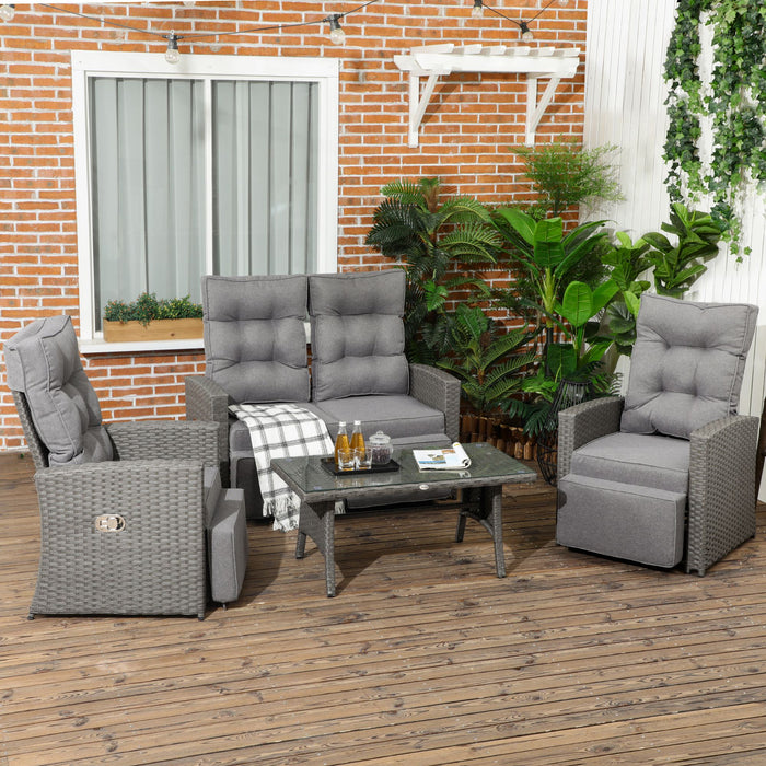 4 Piece Rattan Garden Furniture Sets, 4 Seater Outdoor Sofa Sectional w/Wicker Sofa, Reclining Armchair and Glass Table for Yard, Grey