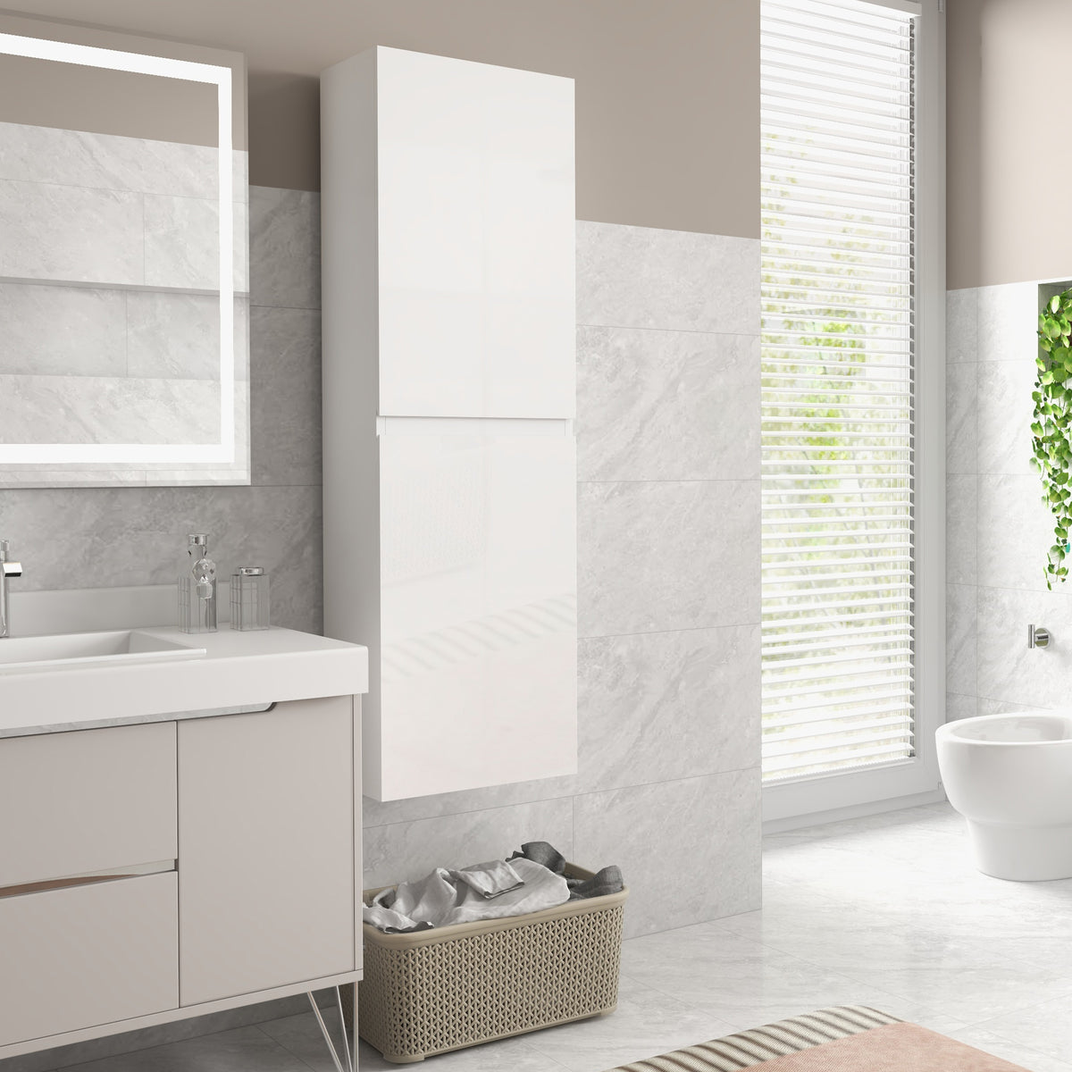 Slim Bathroom Cabinet with 2 Cupboards and Adjustable Shelves - High Gloss White