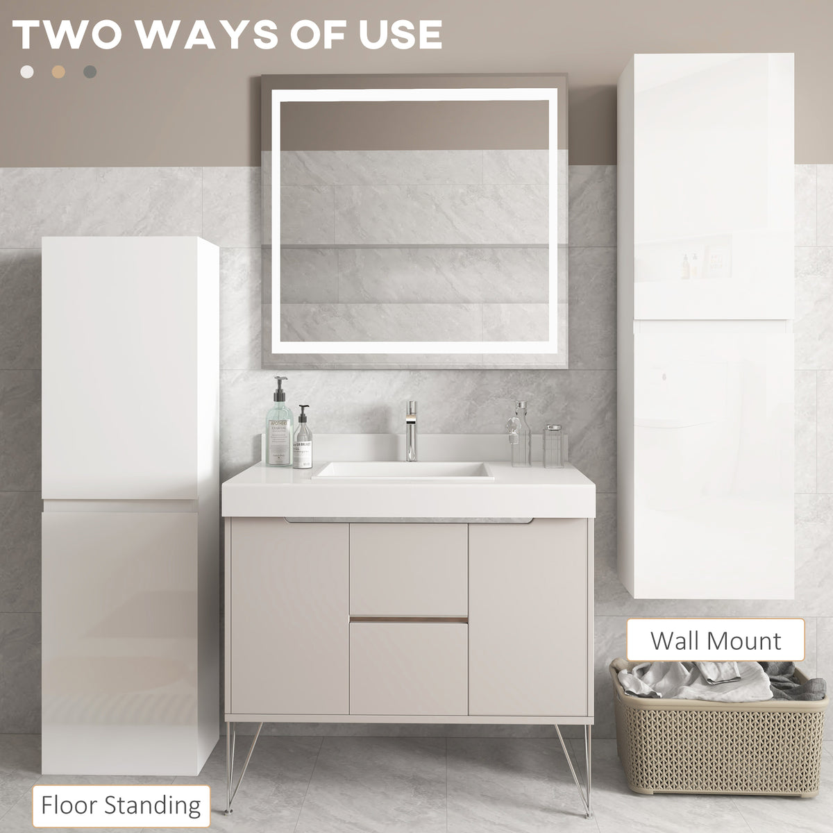Slim Bathroom Cabinet with 2 Cupboards and Adjustable Shelves - High Gloss White