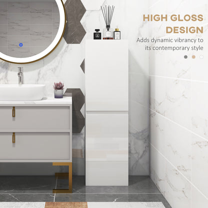 Slim Bathroom Cabinet with 2 Cupboards and Adjustable Shelves - High Gloss White