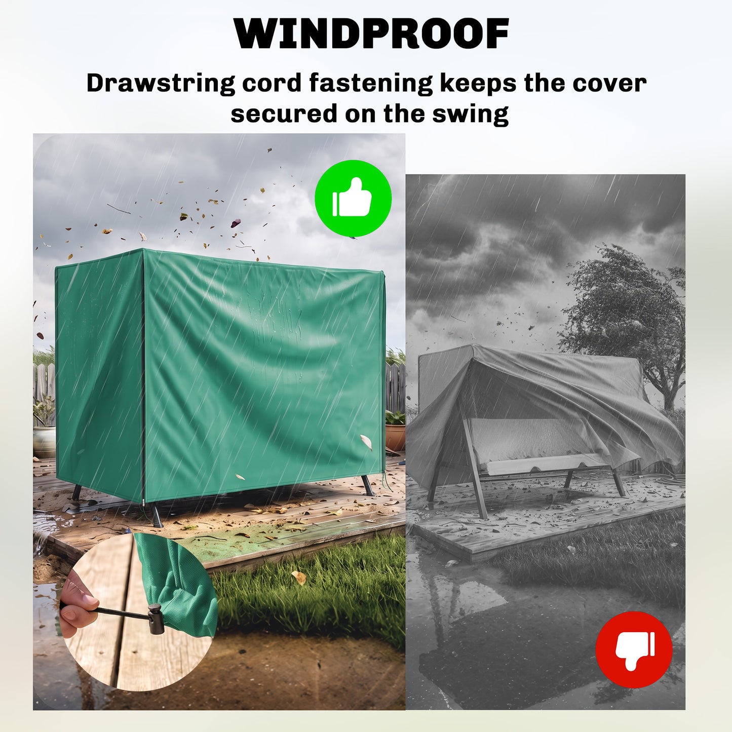 3 Seater Garden Swing Cover, Waterproof 420D Outdoor Swing Bench Cover with Zip, Windproof and Anti-UV, 220 x 125 x 172cm, Green
