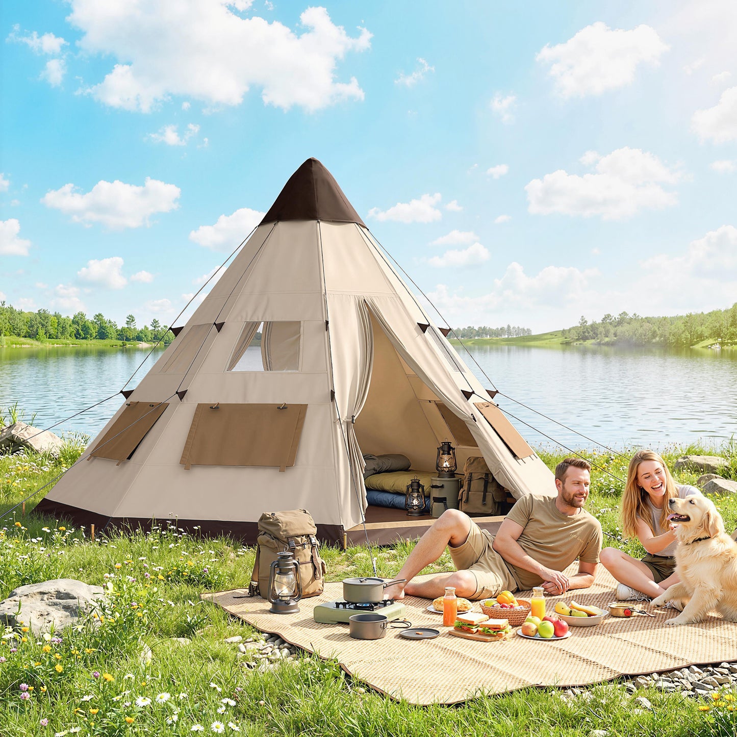 6-7 Person Large Family Party Camping Tent W/ Carrying Bag, Khaki