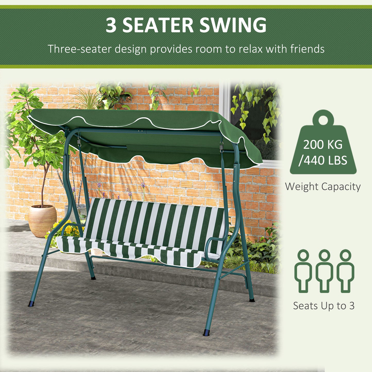 3 Seater Garden Swing Seat Chair Outdoor Bench with Adjustable Canopy and Metal Frame, Green Stripes