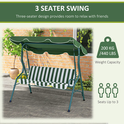 3 Seater Garden Swing Seat Chair Outdoor Bench with Adjustable Canopy and Metal Frame, Green Stripes