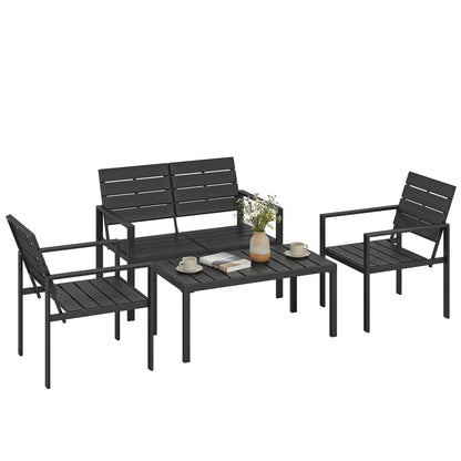4 Piece Garden Furniture Set, HDPE Metal Outdoor Sofa, Black