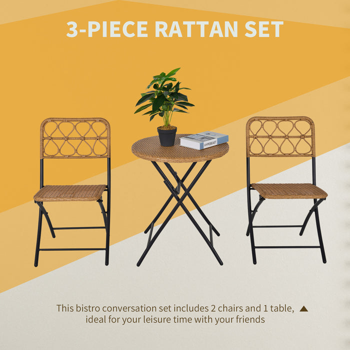 3 pcs PE Rattan Wicker Bistro Set Conversation Patio Furniture Set w/ Foldable Coffee Table and Chairs and Steel Frame, Natural