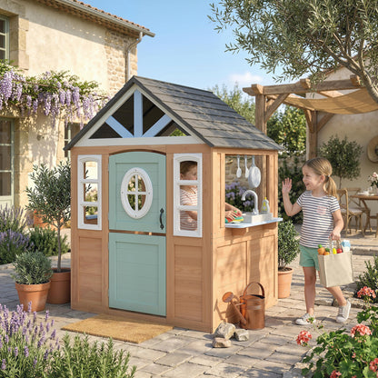 Playhouse for Kids, Wooden Wendy House with Pet Door, Play Kitchen, Half Door and Windows for Indoor Outdoor Pretend Play Fun, Ages 2+, Natural Wood