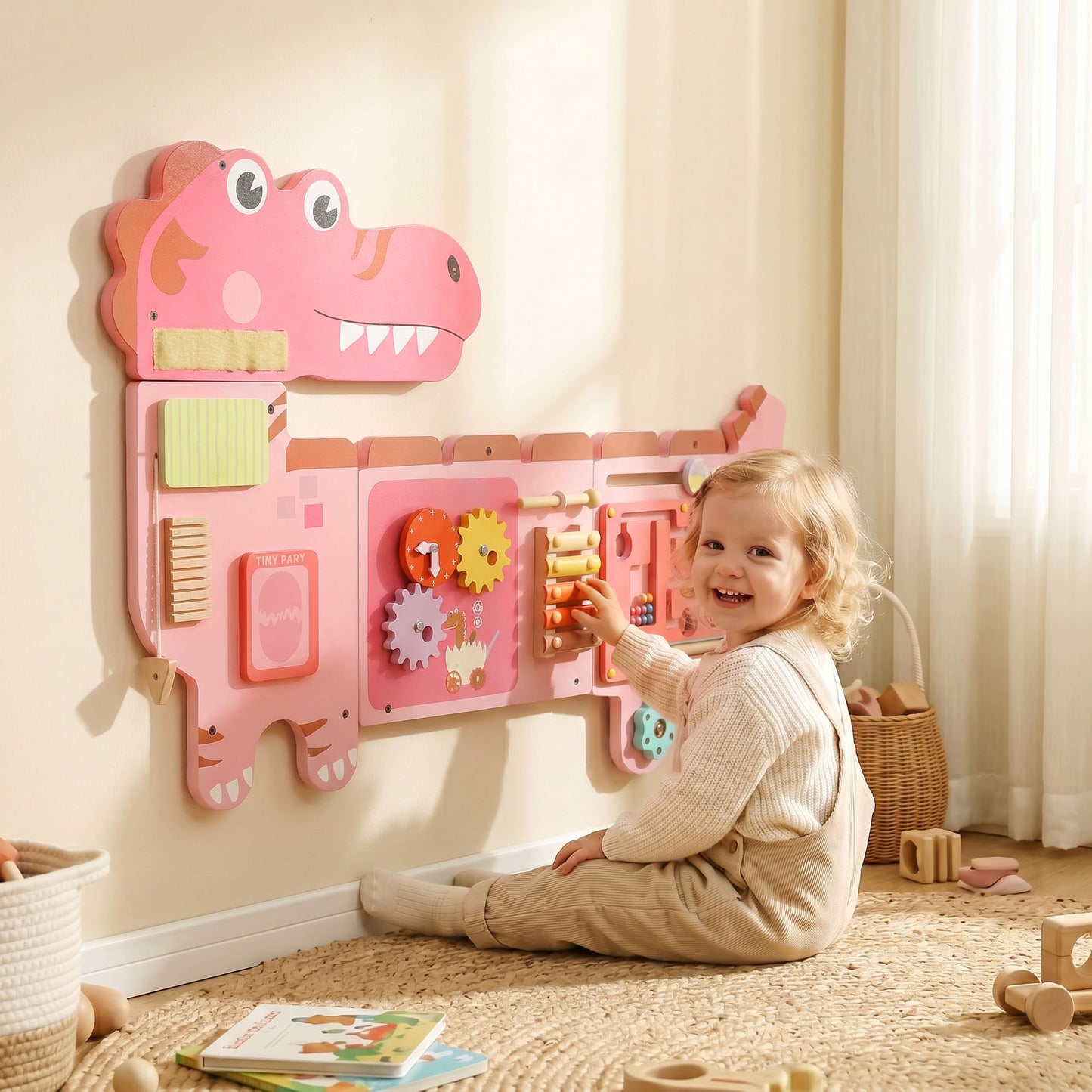 Busy Board Panels Wall Mounted Dinosaur, Pink