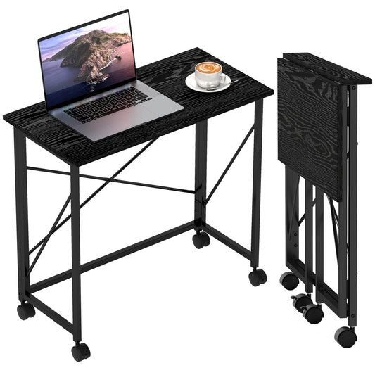 Folding Desk on Wheels, Writing Table for Home Office, Black