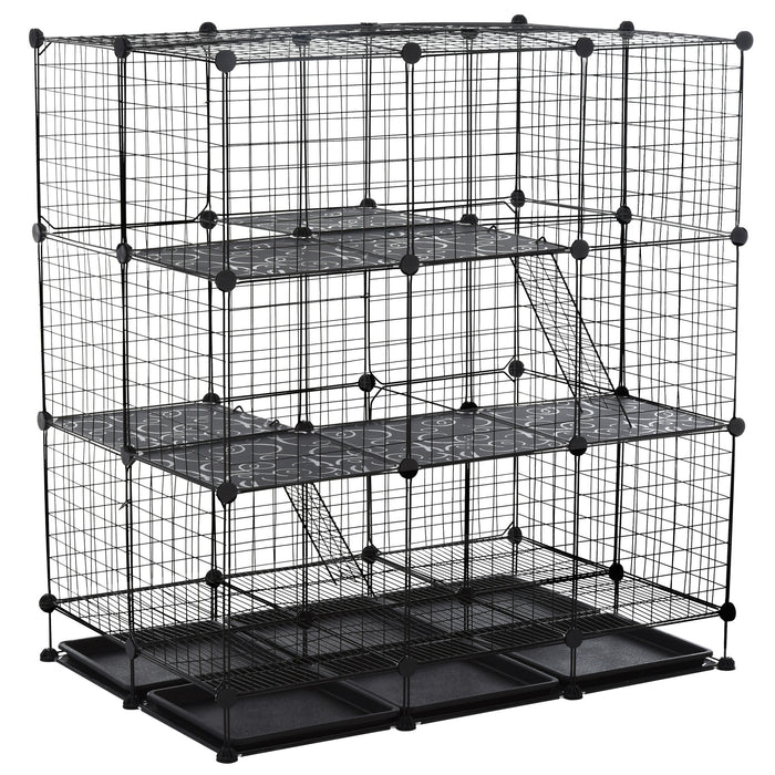 3 Level DIY Pet Playpen Metal Small Animal Cage Guinea Pig Rabbit Ferret Chinchillas Cage 4 Doors Bottom Trays Black