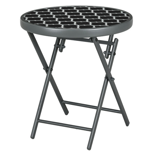 Φ45cm Outdoor Side Table, Round Folding Patio Table with Imitation Marble Glass Top, Small Coffee Table, Black
