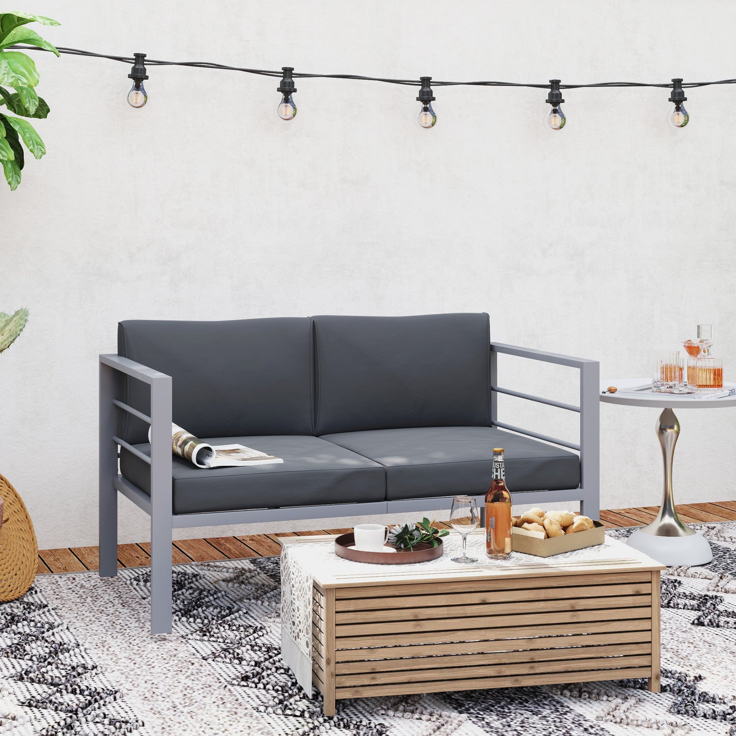 All-Weather Garden Loveseat with Removable Cushions, Charcoal Grey