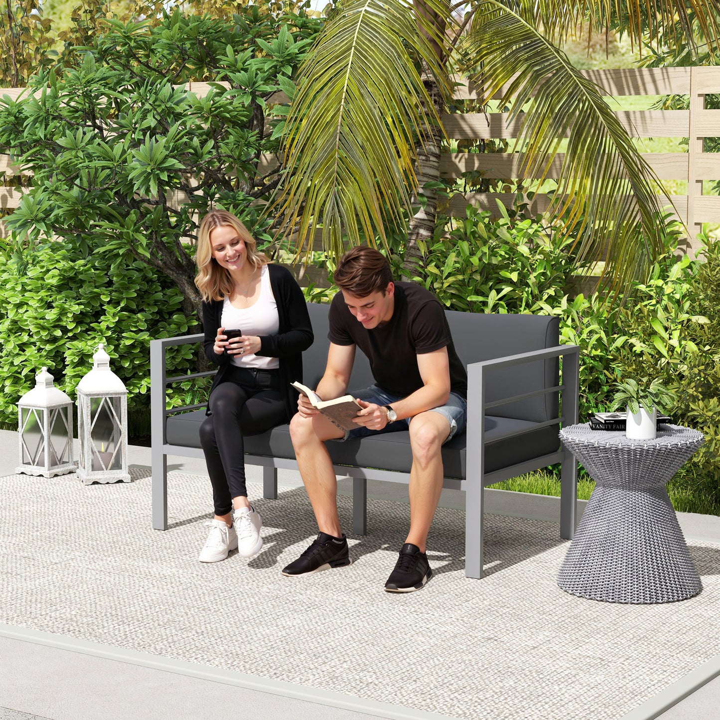 All-Weather Garden Loveseat with Removable Cushions, Charcoal Grey