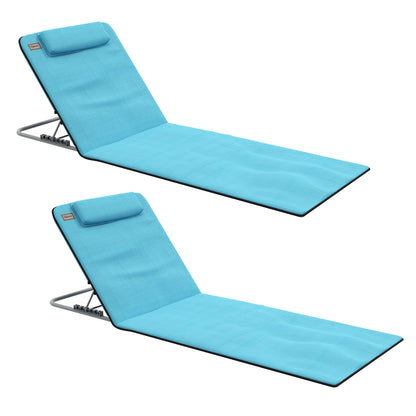 Set of 2 Foldable Garden Beach Chair Mat Lightweight Outdoor Sun Lounger Seats Adjustable Back Metal Frame PE Fabric Head Pillow, Sky Blue