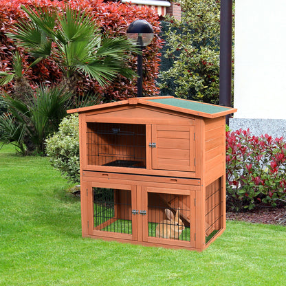 Rabbit Hutch, 2-Tier Bunny Cage with No-Leak Tray & Ramp, Outdoor
