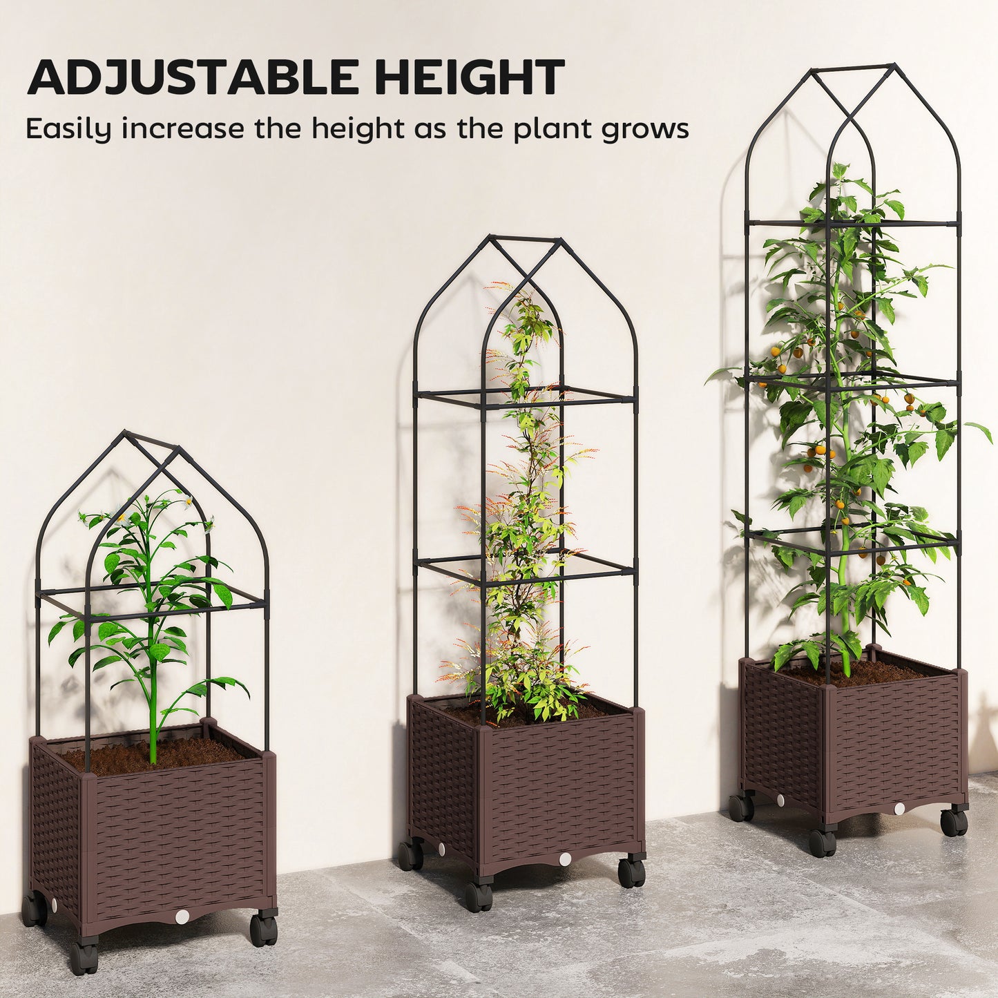 Raised Garden Bed Tomato Cage with Trellis, Drainage Holes, Brown