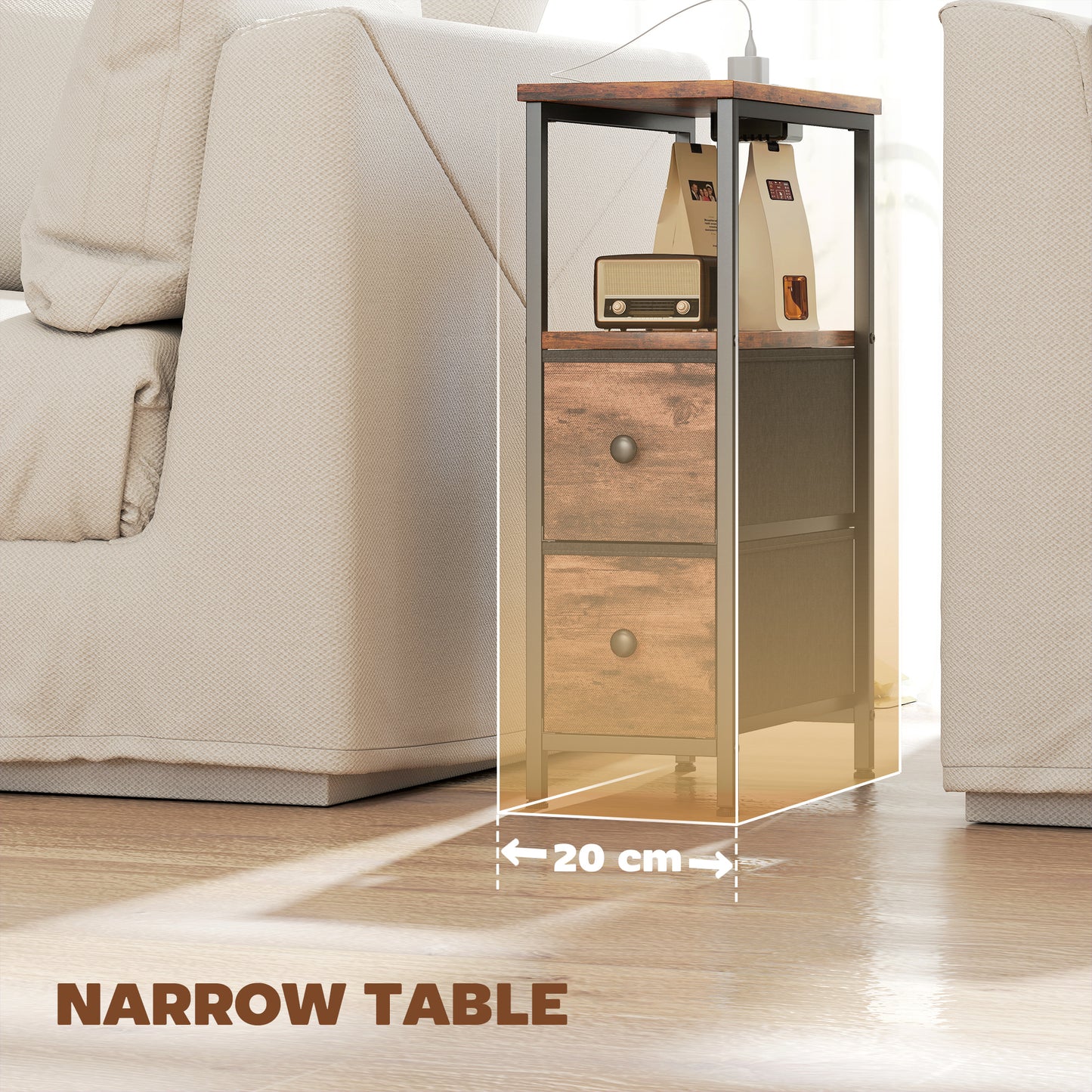 Side Table, Narrow Bedside Table with Charging Station, 2 Drawers