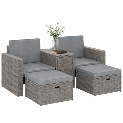 5 Piece Rattan Garden Furniture Set w/ Storage Table, Dark Grey