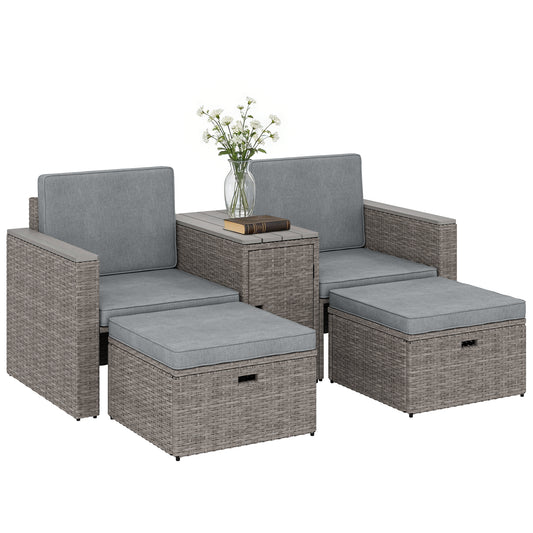 5 Piece Rattan Garden Furniture Set w/ Storage Table, Dark Grey
