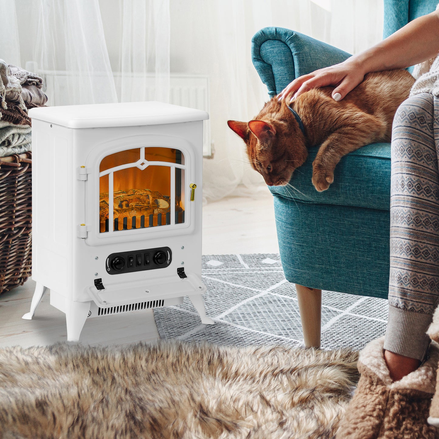 Fireplace Stove Heater Log Burning Flame Electric 1000/2000W White