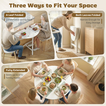 Folding Dining Table, Collapsible Drop Leaf Table for Small Spaces, Extendable Kitchen Table with Steel Frame, White