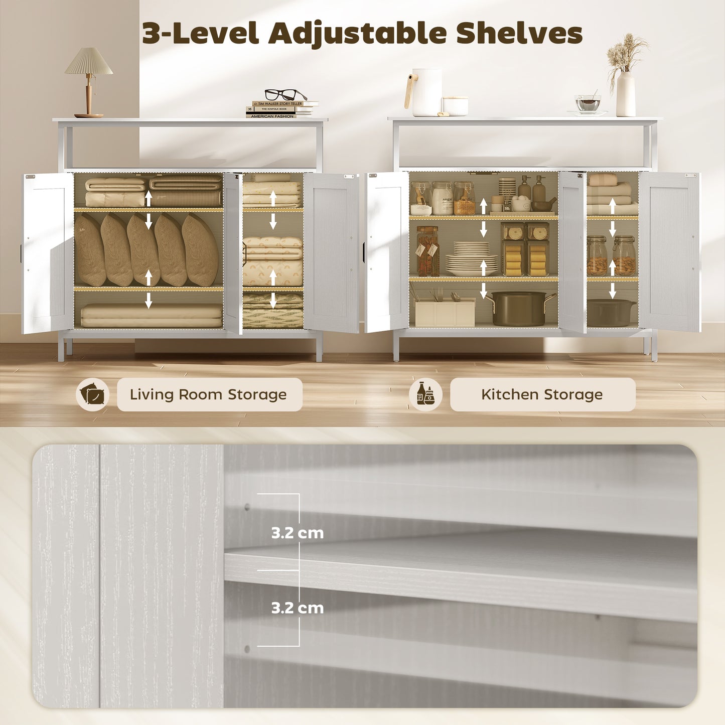 Industrial Kitchen Sideboard with Open Shelf & 2 Cabinets, White