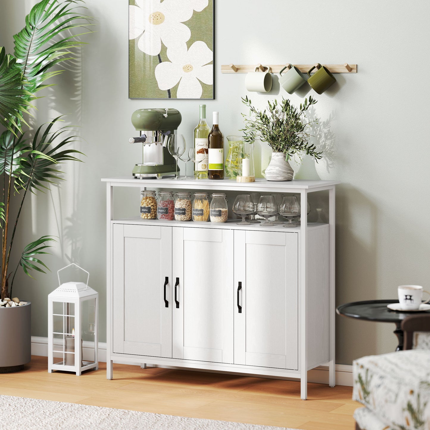 Industrial Kitchen Sideboard with Open Shelf & 2 Cabinets, White