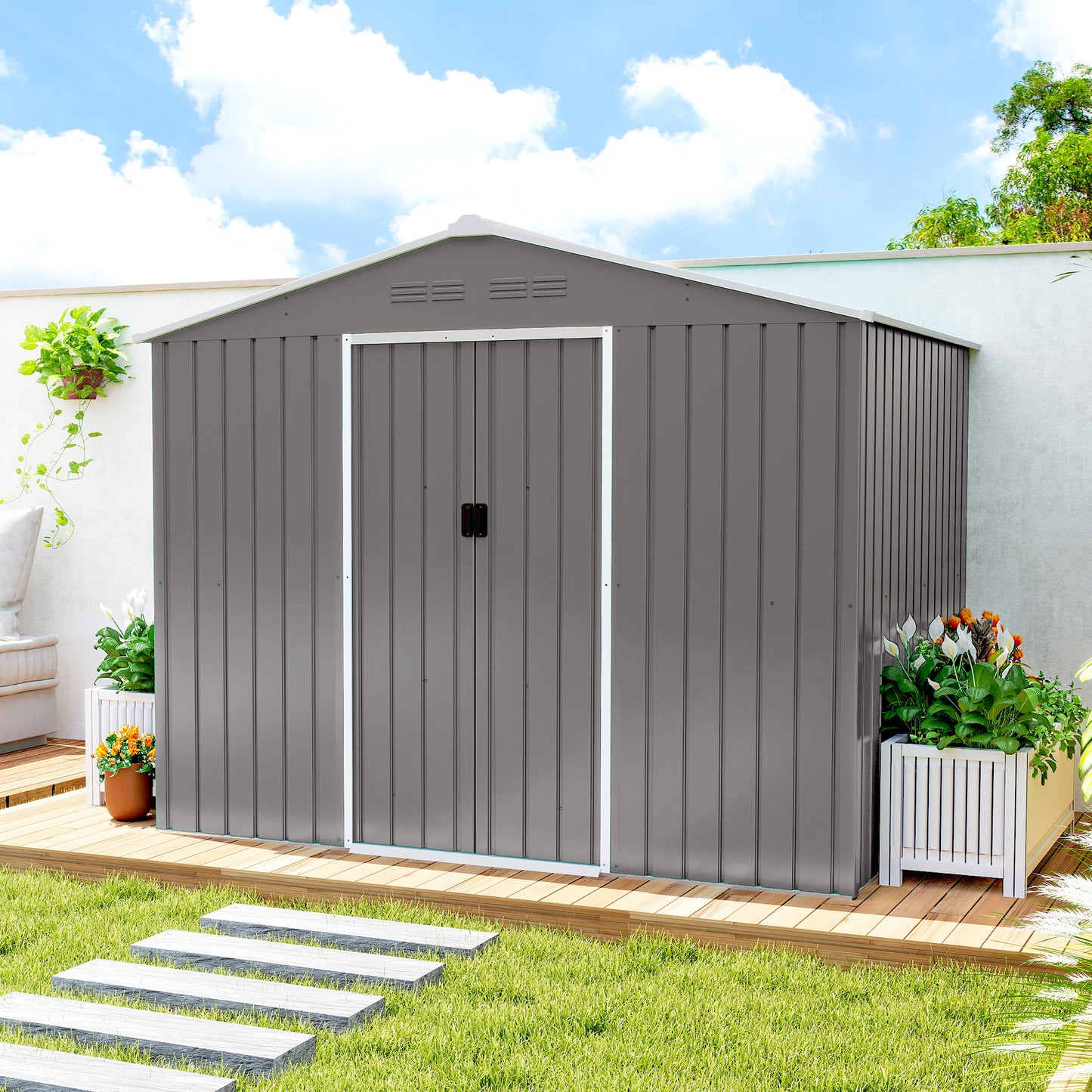 8 x 6ft Garden Storage Shed with Double Door, Light Grey