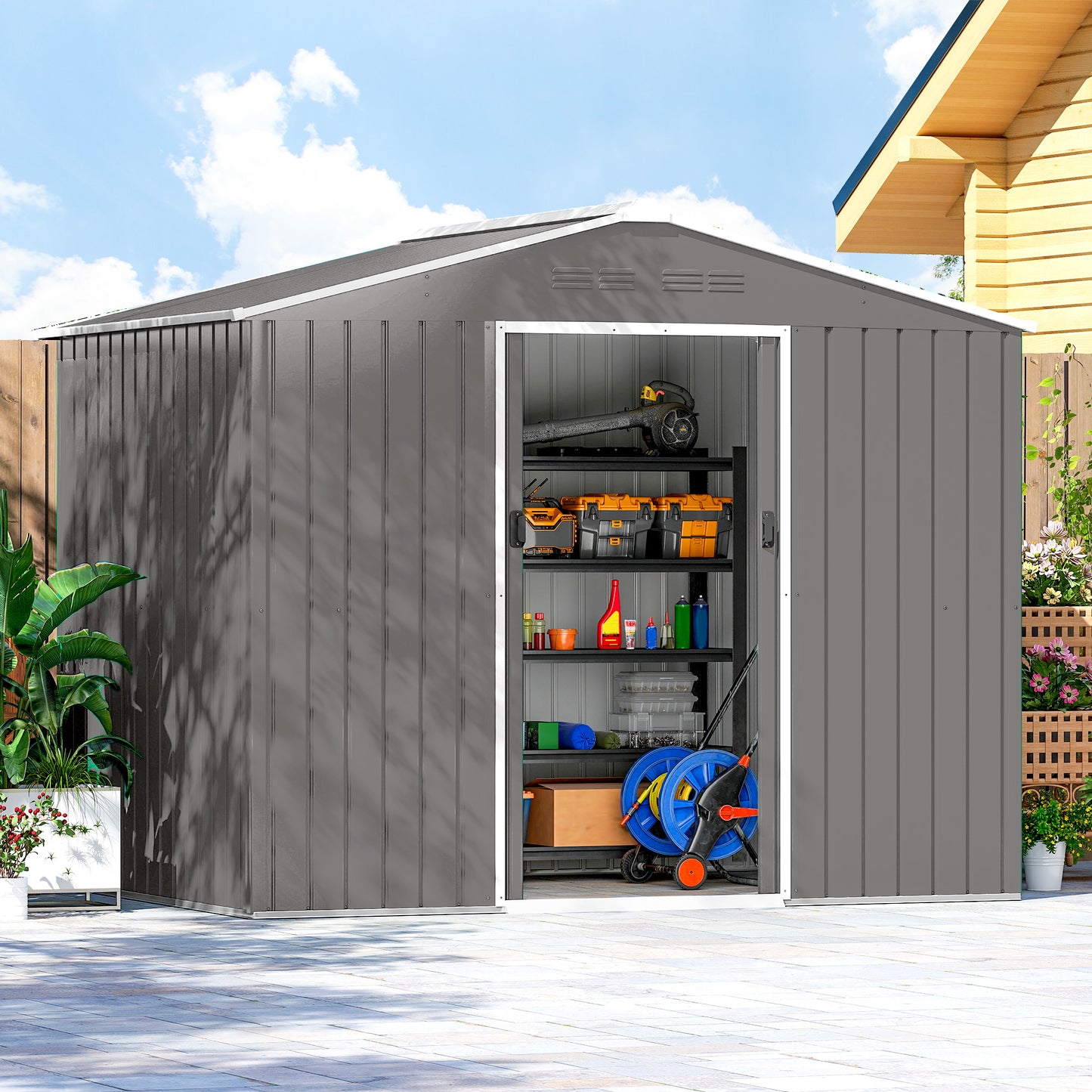 8 x 6ft Garden Storage Shed with Double Door, Light Grey