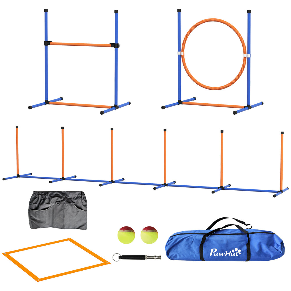 Five-Piece Dog Agility Equipment Set with Weave Poles, Jump Ring, Hurdle, Pause Box, Training Shorts, Bag, Orange