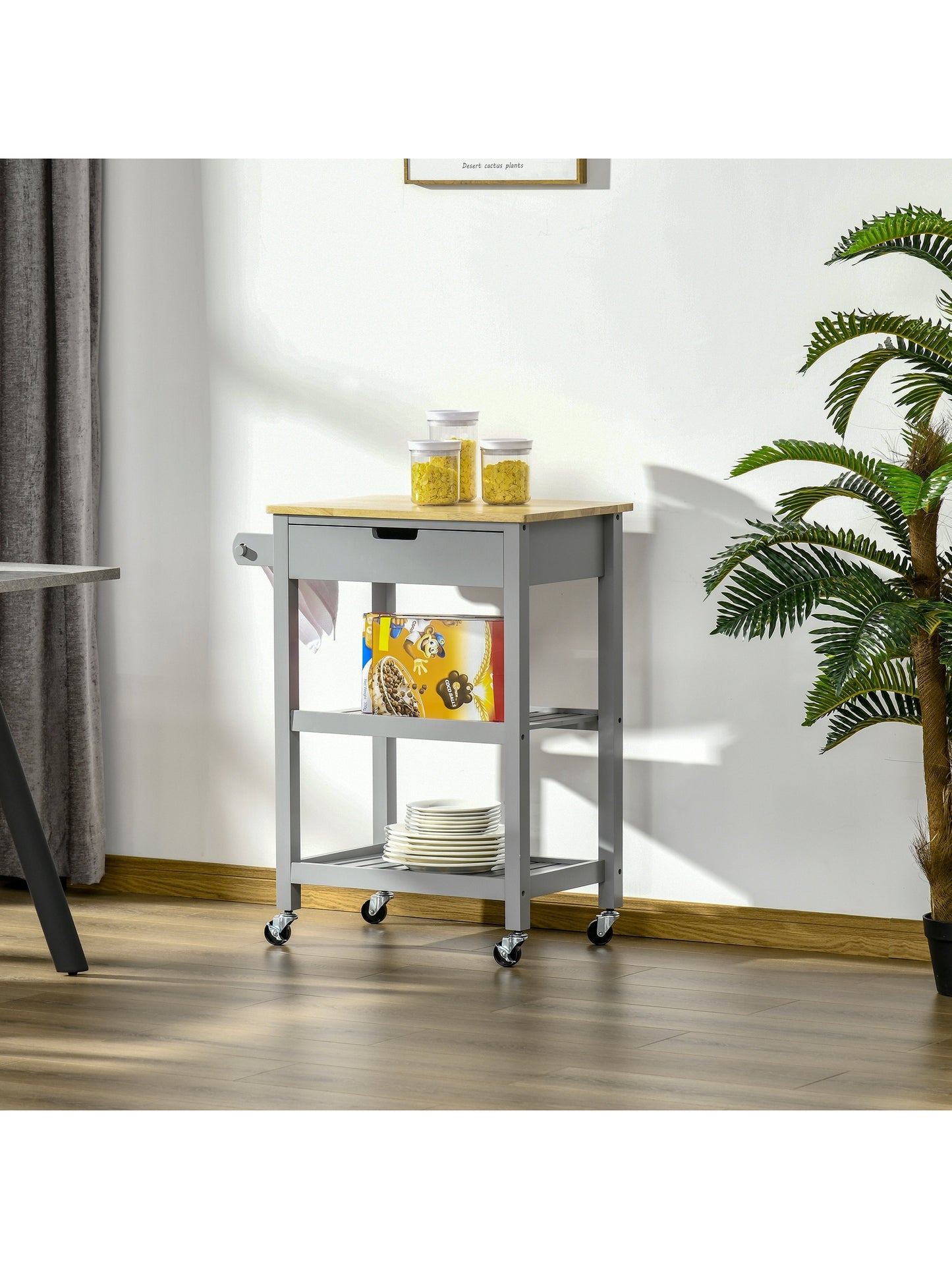 Kitchen Trolley Utility Cart on Wheels with Rubberwood Worktop Towel Rack