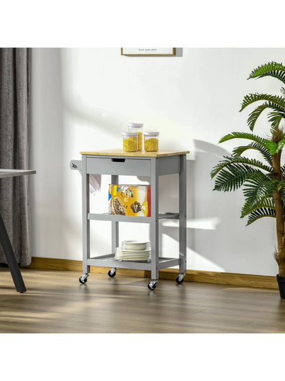 Kitchen Trolley Utility Cart on Wheels with Rubberwood Worktop Towel Rack