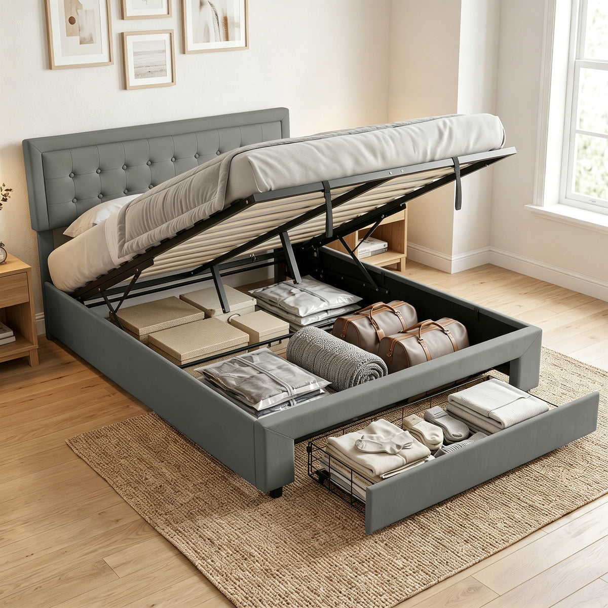 PU Leather King Bed Frame with Storage and Adjustable Headboard, Grey