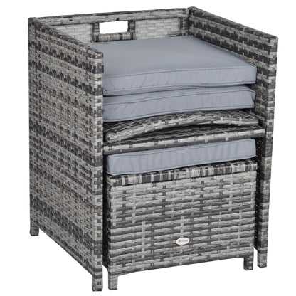 Outsunny 9 Pieces PE Rattan Cube Garden Furniture Set with Cushions, Outdoor Rattan Dining Set with 4 Armchairs, 4 Stools, and Tempered Glass Top Table for Space Saving, Grey
