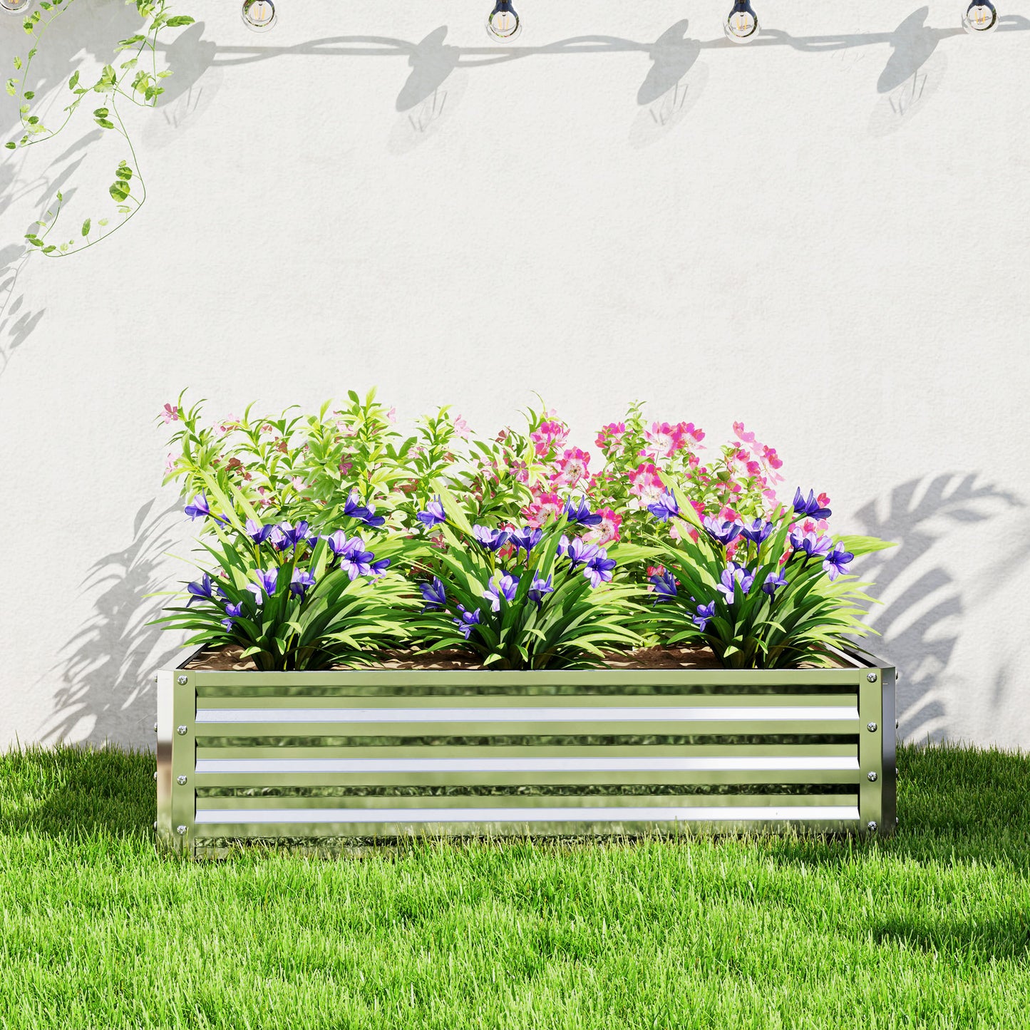 Raised Garden Bed Metal Patio Backyard Flower Planter, Silver Tone