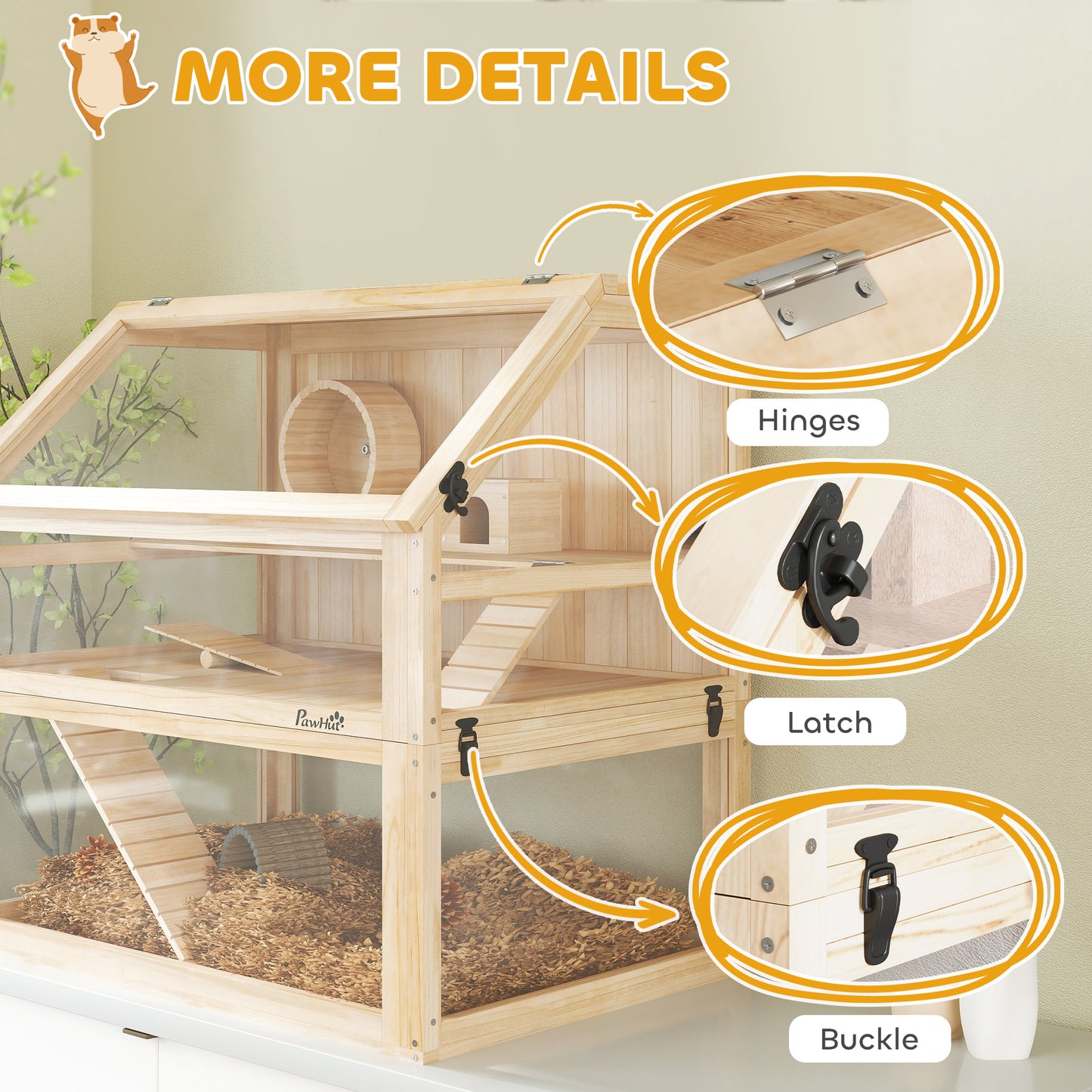 Wooden Hamster Cage w/ Detachable Bottom, Hut, Seesaw, Natural