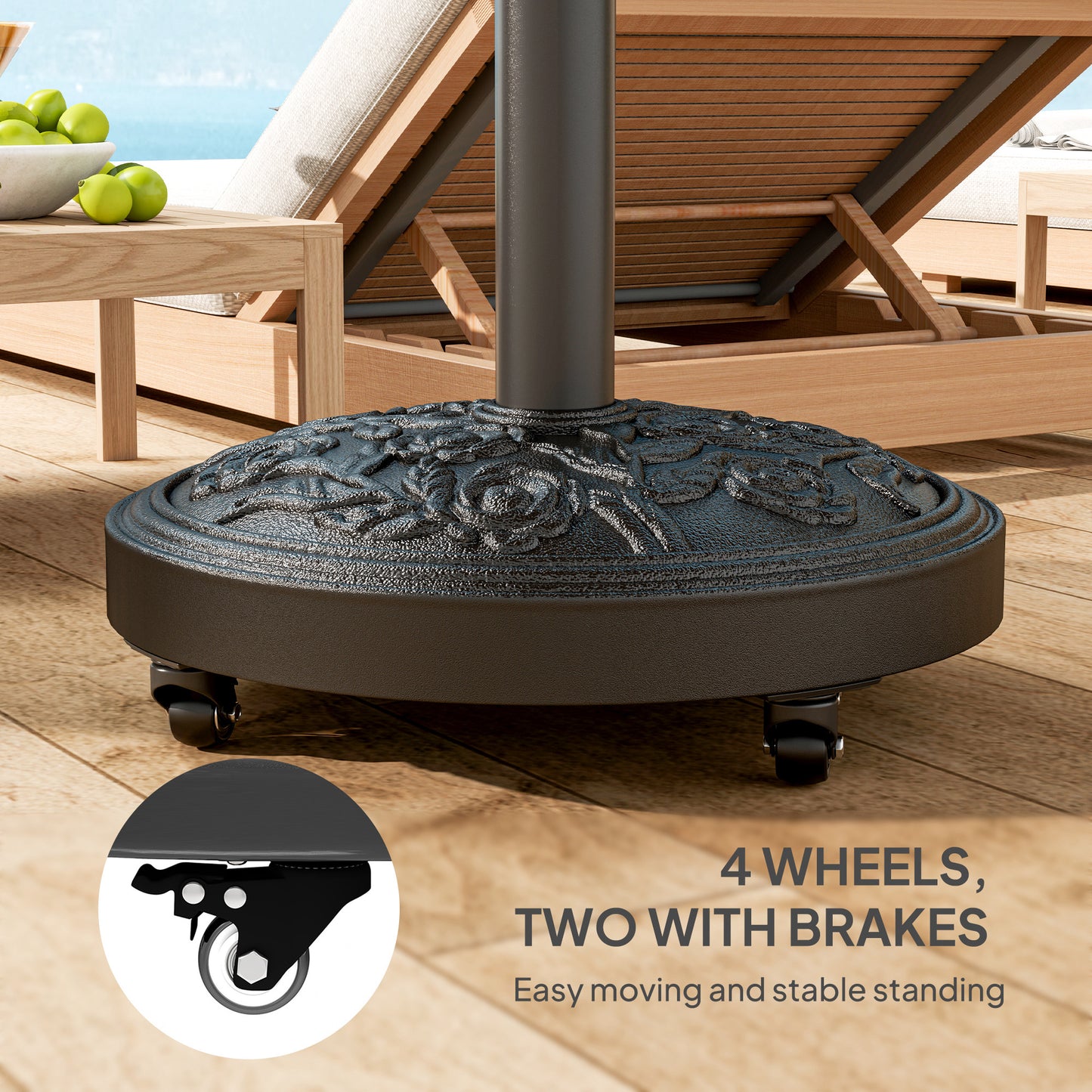 Parasol Base with Wheels, Floral Rose Pattern, Black
