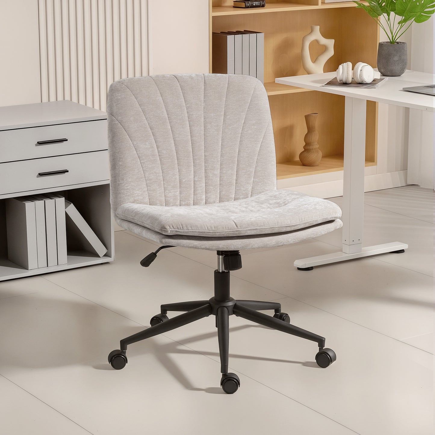 Criss Cross Chair with Wheels, Armless Wide Office Chair, Beige