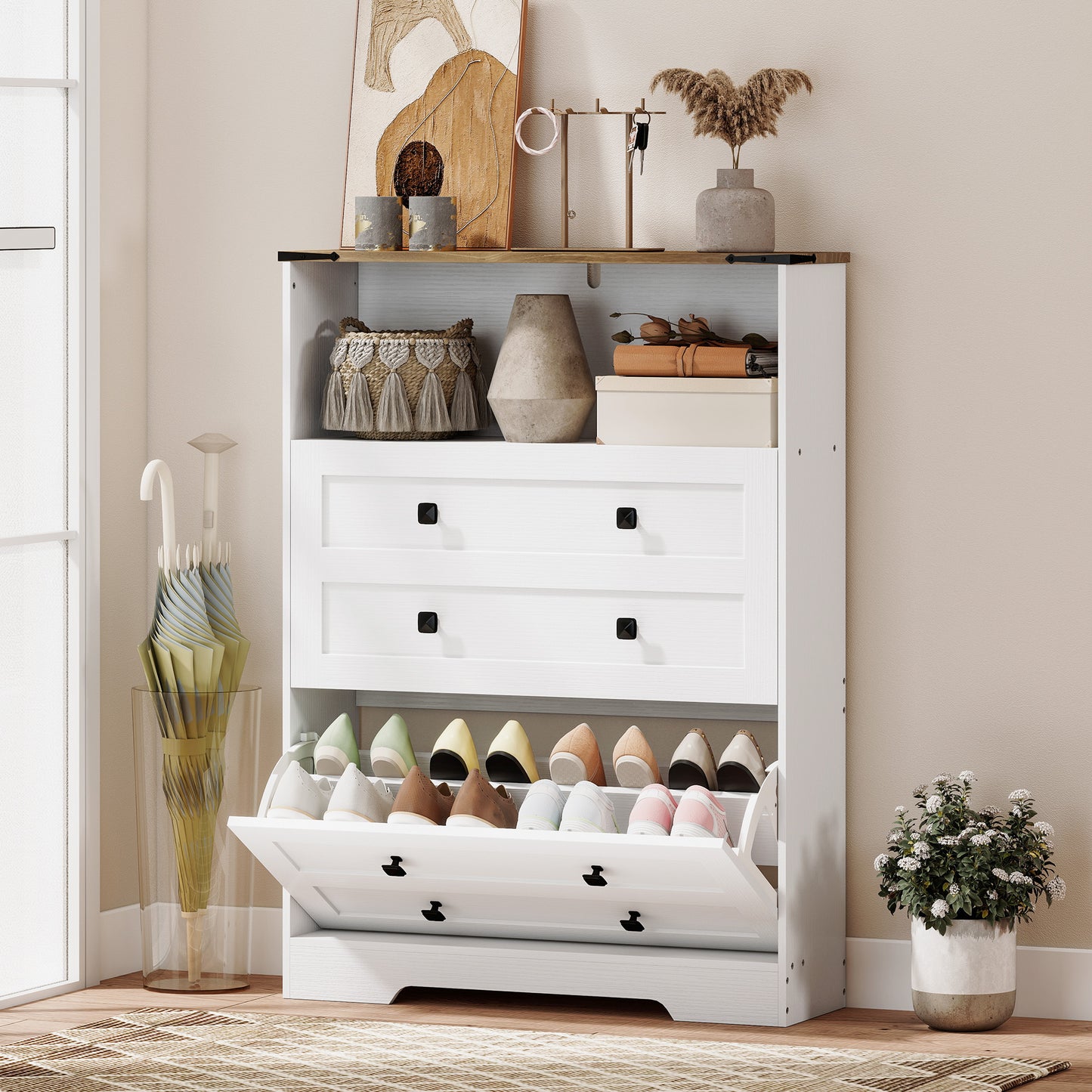 Narrow Shoe Cabinet, Farmhouse Shoe Storage Cabinet with 2 Flip Drawers, Adjustable Shelves and Open Shelf for Hallway, Space Saving, Holds 12-16 Pairs, White